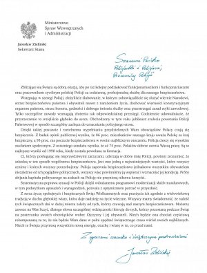 List z życzeniami Ministra SWiA Joachima Brudzińskiego