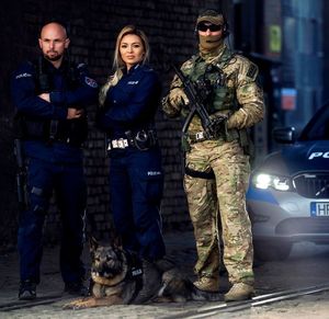 Na zdjęciu trzej policjanci z różnych formacji. Przewodnik psa służbowego, policjantka ruchu drogowego, policyjny kontrterrorysta. Przed nimi leży policyjny owczarek belgijski,