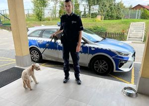 Policjant trzyma na smyczy uratowanego psa
