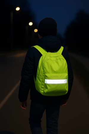 Odblaskowy plecak na plecach o zmroku