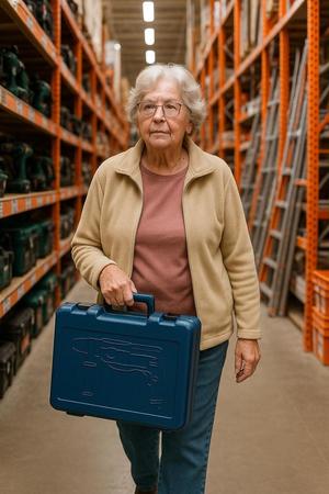 Starsza kobieta niesie walizkę