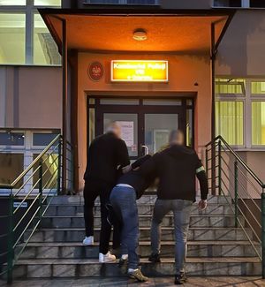 Policjanci prowadzą zatrzymanego