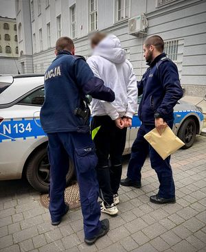 Policjant prowadzi zatrzymanego