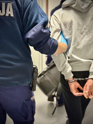 Policjanci prowadzą zatrzymanego