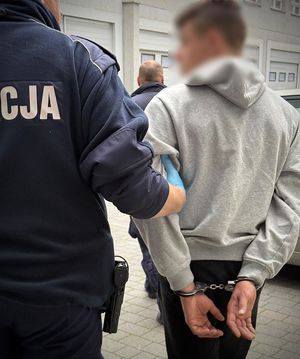 Policjanci prowadzą zatrzymanego