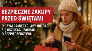 Kobieta trzyma w ręce telefon. Jest w galerii handlowej.