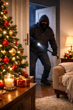 Włamywacz wchodzi do mieszkania , obok choinka